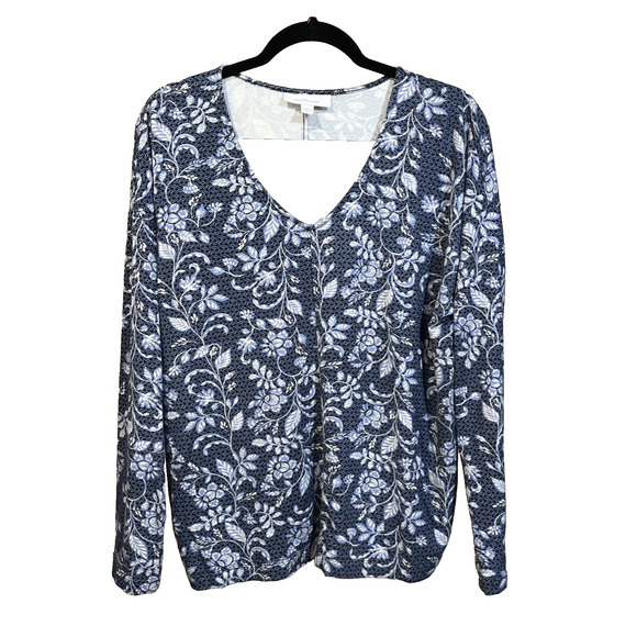 J Jill Pure Jill Eco Terry Floral Pullover Top Blue Size Medium Relaxed Soft - Picture 1 of 9